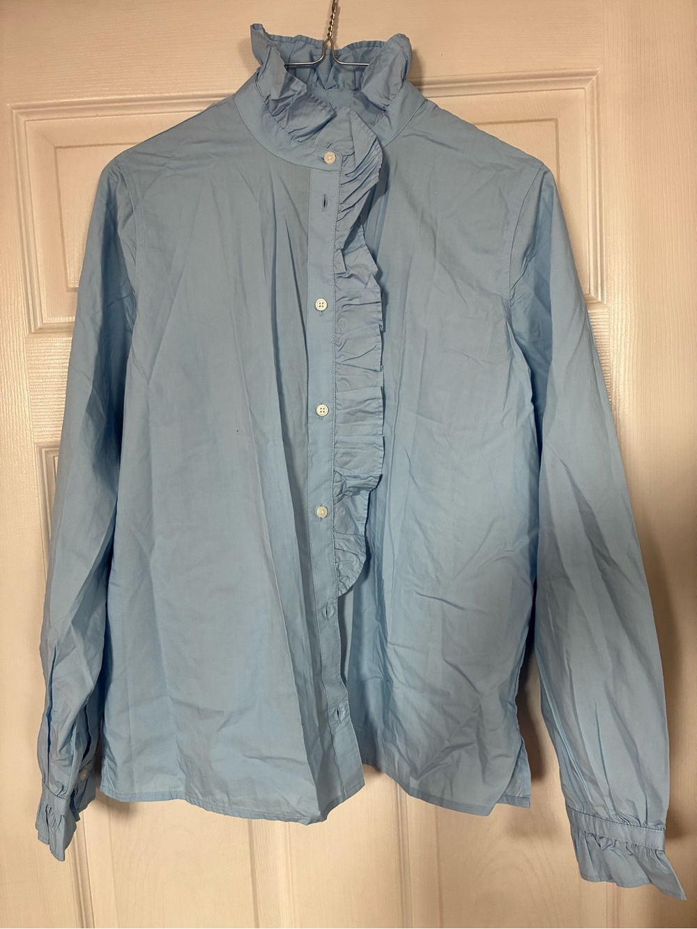 J. Crew Light Blue Ruffle-Front Shirt Jacket